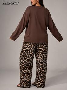 Women's Plus Size Pajama Set Long Sleeve Pants Loungewear, Autumn/Winter - Brown - View 2