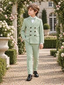男孩新式花童婚禮套裝 表演服裝 英式風格 3件套 西裝外套 + 長褲 + 領結 - 綠色 - 查看 2