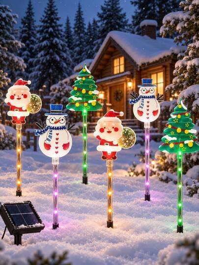 1 Set (6pcs) Solar Powered Christmas Ground Lights, Santa Claus Snowman Christmas Tree LED Outdoor Pathway Lights, Suitable For Winter Holidays, Christmas Garden, Yard, Driveway, Walkway, Patio, Fence And Lawn