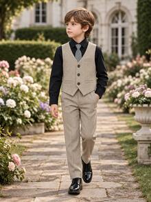 New Boys' Suit Set, Flower Boy Wedding Outfit, Performance Costume, British Style Boys' Performance Suit 3 Pieces Set With Vest, Pants And Tie - Camel - View 2