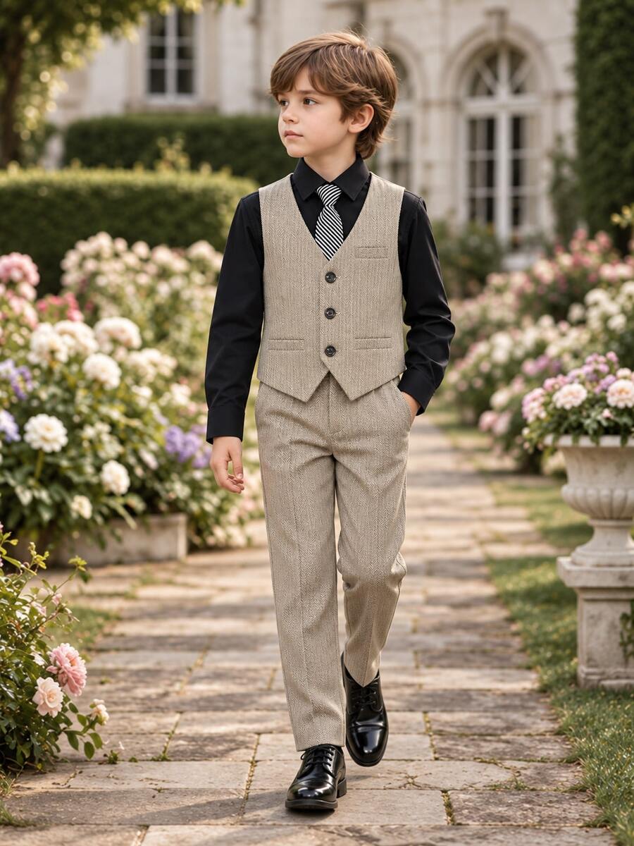 New Boys' Suit Set, Flower Boy Wedding Outfit, Performance Costume, British Style Boys' Performance Suit 3 Pieces Set With Vest, Pants And Tie
