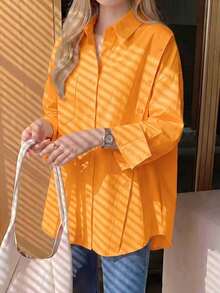 Solid Color Front Button Pocket Shirt, Long Sleeve Blouse For Women, Suitable For Spring, Summer, Autumn - Orange - View 6