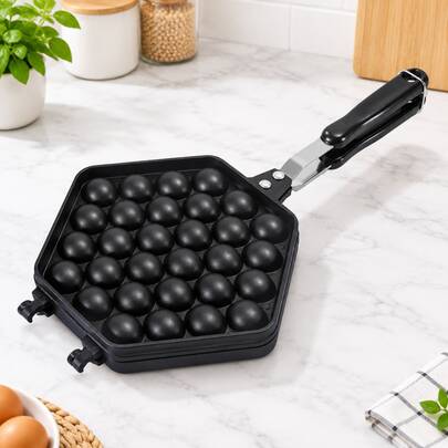 Wajan Pembuat Wafel Telur 30 Lubang, Cetakan Wafel Gelembung Anti Lengket Dua Sisi, Wajan Pancake Besi Cor untuk Kompor dengan Gagang Panjang, untuk Wafel Telur, Wafel Gelembung, Kue Mini & Camilan Manis