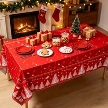 1pc/3pcs Christmas Red & White Tree Tablecloth, Disposable Plastic Tablecloth 137x274cm, Christmas Tree & Santa Claus Red Table Decor, Suitable For Party, Picnic, Wedding, Winter And Christmas Decoration - Multicolor - View 3