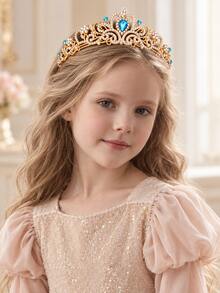 1pc Kids Girls Princess Crown Headband, Gold Rhinestone Tiara With Colorful Gemstones For Birthday, School Performance, Wedding Flower Girl, Photo Day - Multicolor - View 7