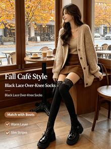 Women's Over-The-Knee Socks, Lace Trim, Slim Fit Vertical Stripe Design, Pure And Seductive Style, Suitable For JK/Japanese Sweet Looks - A - View 4