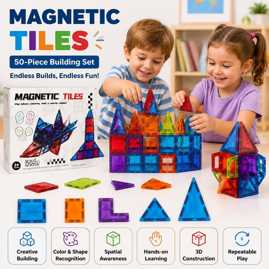 50Pcs Colorful 3D Magnetic Tiles Building Set - Creative STEM Educational Blocks, Clear Rainbow Magnetic Stacking Construction Toys, Perfect Birthday Gift For Kids 3+ Years Old - Multicolor - View 1