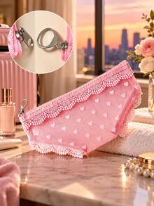 Heart-Shaped Mesh Lace Makeup Bag, Cute Portable Cosmetic Storage Pouch, Multi-Functional Travel Organizer Bag, Suitable For Cosmetics, Toiletries, Stationery, Earphones And Small Essentials, Lightweight Zippered Storage Bag, Perfect For Women And Girls - Multicolor - View 5