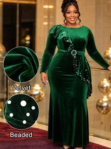 Plus Size Green Velvet Maxi Dress Long Sleeve Beaded Ruffle With Rhinestone Buckle Belt Bodycon Formal Evening Church Wedding Guest Gown Fall Outfit - Dark Green - View 3