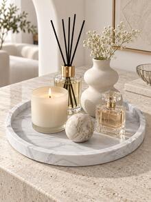 1pc Round Marble Pattern Decorative Tray, Suitable For Fragrance Bottles, Candles, Aromatherapy Diffusers, Jewelry And Beauty Essentials, Elegant Vanity, Bathroom Countertop And Side Table Storage, Bathroom Accessories, Toothbrush Holder, Brush Holder - Multiple Styles - View 1