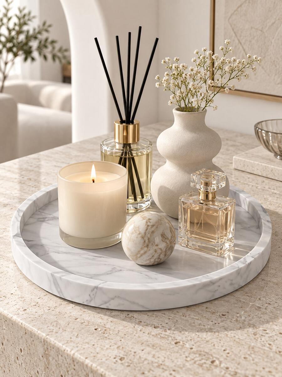 1pc Round Marble Pattern Decorative Tray, Suitable For Fragrance Bottles, Candles, Aromatherapy Diffusers, Jewelry And Beauty Essentials, Elegant Vanity, Bathroom Countertop And Side Table Storage, Bathroom Accessories, Toothbrush Holder, Brush Holder - Multiple Styles - View 1