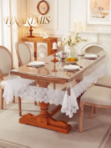 1pc Transparent PVC Tablecloth With White Lace Trim, Waterproof, Oil-Resistant, Easy To Clean, Home Dining Table Cover - White - View 1