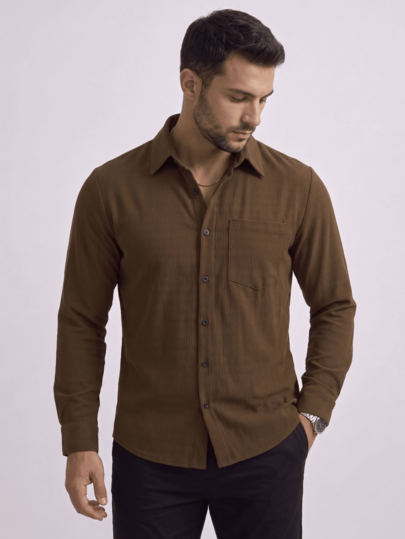 Men's Jacquard Long Sleeve Shirt, Dark Brown Solid Color, Wavy Texture Pleated Design, Chest Pocket, "Old Money Style"/"Quiet Luxury Style"/Fresh Youthful Vibe, Soft Touch, Business Casual, Autumn Workplace Top