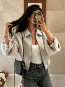 Fashionable Lapel Zipper High Waist Casual Grey Short Jacket - Light Grey - View 5