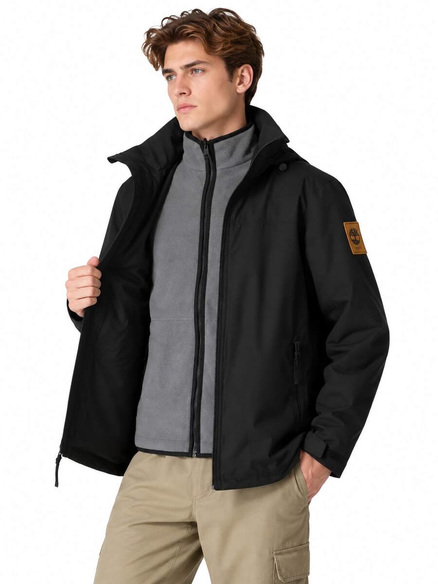 Timberland 新款男士戶外登山攀岩保暖抓絨可拆卸帽 2合1/3合1軟殼外套 - 黑色/灰色 - 查看 1