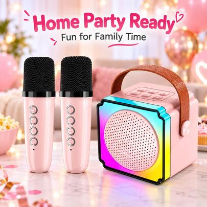 Compact Mini Karaoke Machine With Dual Wireless Microphones, Portable Singing Speaker With Voice Effects, 7-Color LED Lights And MP3 Player, Fun Karaoke Set For Kids, Teens, Adults, Party And Travel