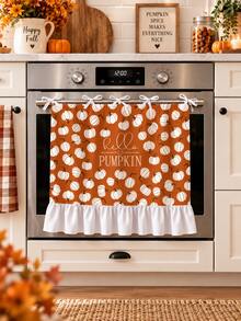 Fall Oven Door Curtain, Thanksgiving Oven Skirt, Dishwasher Front Door Cover Decoration, Hello Pumpkin White Pumpkin Allover Print Ruffled Oven Cover With Bow Ties, Made Of Polyester, Farmhouse Fall Kitchen Decor For Thanksgiving,Halloween,Gathering. - Ginger - View 12