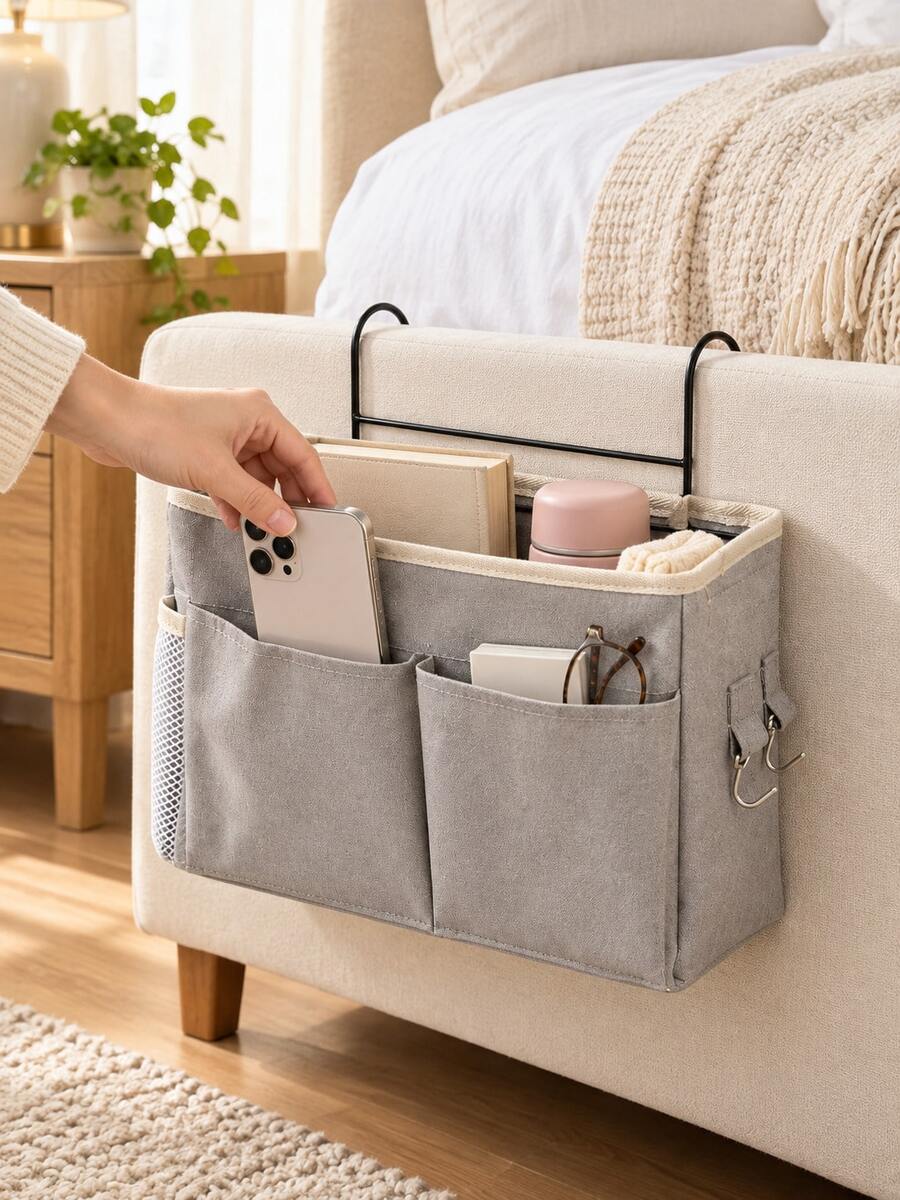 2pcs/1pc Bedside Hanging Storage Organizer, Washable Fabric Material, Suitable For Dormitory Bunk Bed, Desk And Other Places, Equipped With Metal Frame Hook, Can Hang Multiple Storage Pockets.