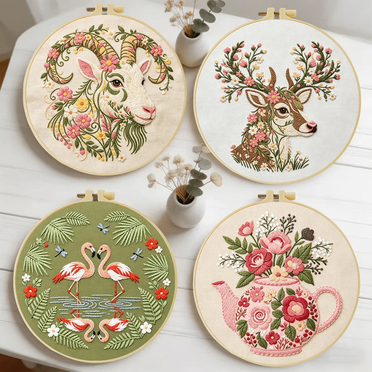 1件 20*20cm/7.9*7.9in 花卉動物刺繡套件，DIY手工刺繡套裝，適合成人初學者，居家禮物，女性縫紉禮物，含使用說明書、印花布料、刺繡框、針與線