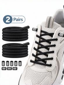 QKC 2 Pairs 100cm Elastic No-Tie Shoelaces With Lock, Stretchable Replacement Shoelaces For Athletic And Casual Shoes - Black - View 3