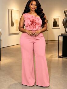 AOMEI Women's Elegant Pink Backless Jumpsuit, 3D Floral One-Shoulder Evening Birthday Dress - Pink - View 2