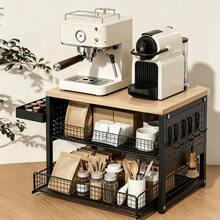 2026 Neuheit Dreistufiger Kaffee Organizer für Küche, Kaffeestation mit Walnuss Echtholzoberfläche, 5 Metall-Schubkörben und seitlichem Tablett, Multifunktionaler Aufbewahrungsständer für Kaffeemaschine, Tassen, Gewürze, Teezubehör - Verschiedenfarbig - Übersicht 12