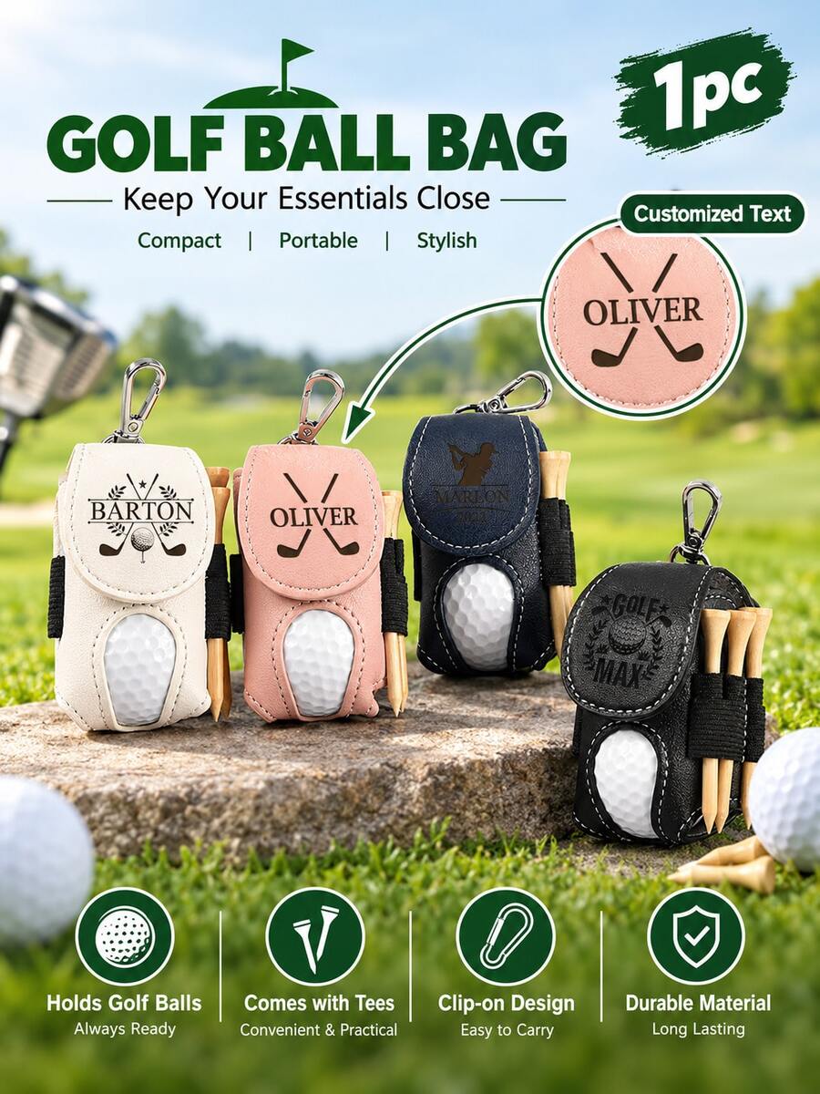 1pc Customizable Name PU Leather Golf Ball Bag Pendant, Portable Waist-Hanging Golf Tee Storage Pouch With Carabiner, Golf Enthusiast Gift - Multicolor - View 1
