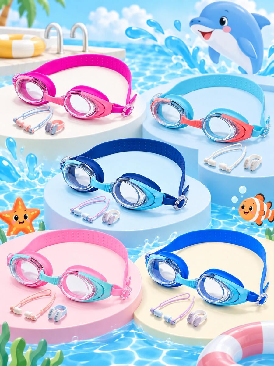 Children's Swimming Goggles, Colorful Patchwork Large Frame Swim Glasses With Earplugs And Nose Clip, Adjustable Strap, Kids Pool Water Play Swimming Gear, Summer Water Sports Equipment - Blue - View 1