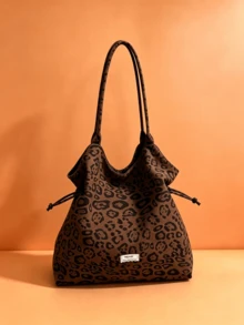 Women's Leopard Print Tote Bag, Large Capacity Drawstring Shoulder Bag, Casual Lightweight Handbag, Suitable For Daily Commute And Shopping - Multicolor - View 2