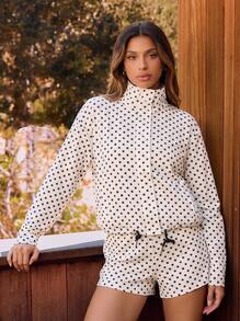 Never me Women's Polka Dot Print Stand Collar Short Jacket, Adjustable Drawstring High Waist Outdoor Fitness Jacket - White - View 1