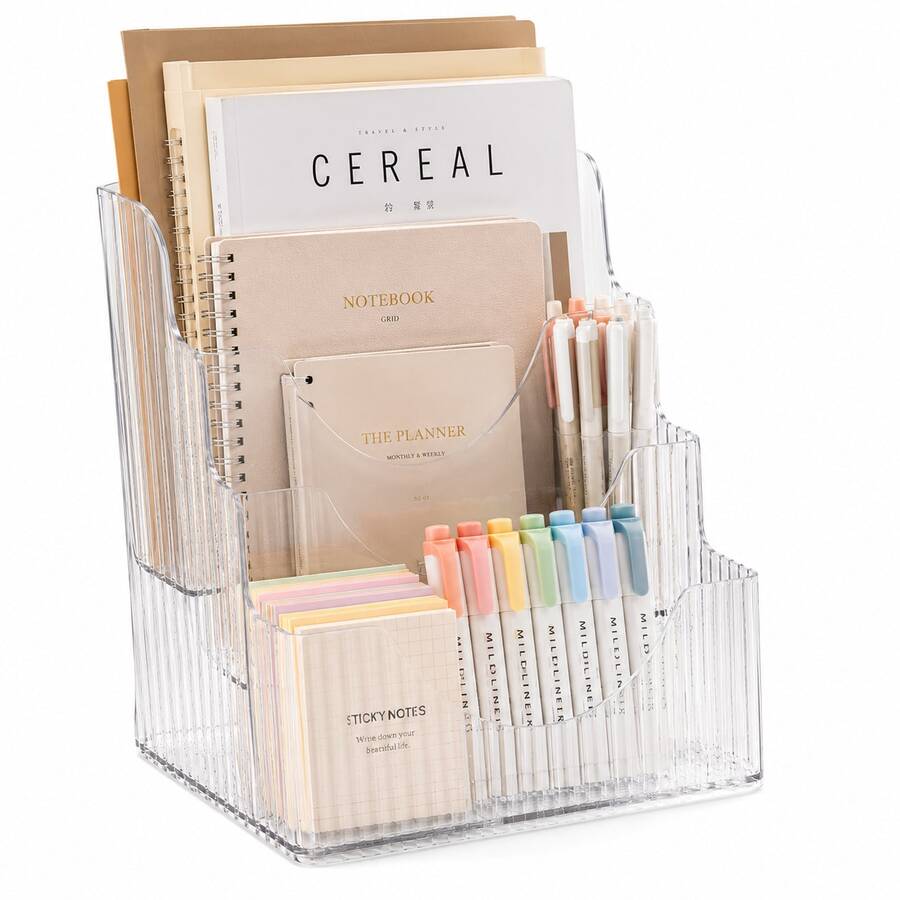 2/1pc 3-Tier Desktop Organizer+Book Stand/Set, Clear Acrylic Desk Storage Rack, Multi-Layer Stationery Holder With Open Compartments, Space-Saving Desk Organiser For Books, Notebooks, Files, Pens, Sticky Notes, Office,Study Room, Home,Back To School - Multicolor - View 1