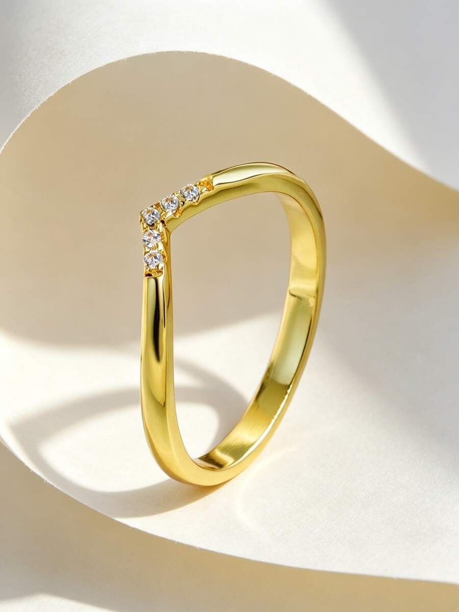 Charm-In Daily Jewelry 1pc Gold-Plated Zirconia Inlaid Shiny V-Shaped Ring, Fade-Resistant, Women's Ring, Jewelry Gift - Yellow Gold - View 1