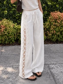 Women's Loose Casual Long Pants With Pockets, Lace Patchwork Solid Color, Elegant Commute Fashion Daily - White - View 1