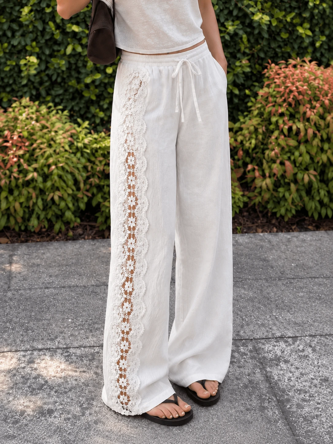 Women's Loose Casual Long Pants With Pockets, Lace Patchwork Solid Color, Elegant Commute Fashion Daily - White - View 1