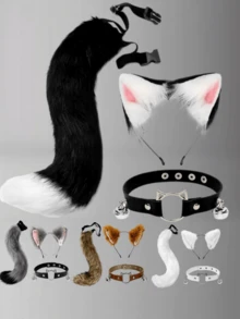 Halloween Animal Ear & Tail Set, Cosplay Props For Anime Convention, Cat Girl Beast Ear Cosplay, Handmade Cat Ear Headband & Tail Set, Realistic Fox Tail Accessory, 2D Anime Animal Ear & Tail Set With Bell Collar - Black Powder - View 6
