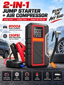 Alat Bantu Start Mobil 2-in-1 8000A dengan Pompa Ban 140PSI, Starter Aki 12V, Kompresor Udara, Layar Digital, Lampu LED, dan Power Bank USB, Penting untuk Perjalanan Jauh di Cuaca Dingin dan Musim Dingin, Hadiah untuk Pria dan Wanita - Wireless - View 2