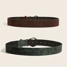 2pcs Women's Vintage Moon Girl Round Buckle Printed PU Belt Set, Suitable For Daily Use - Multicolor - View 3