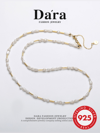 DARA S925 Sterling Silver Freshwater Pearl Necklace 2-3mm White Beads Minimalist Luxury Style Versatile For Date Birthday Holiday