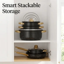 12Pcs Stainless Steel Cookware Set(6 Pots + 6 Lids), Non-Stick Speckled Cooking Pots & Pans With Glass Lids & Golden Handles, Kitchen Cooking Set For Stove - View 7
