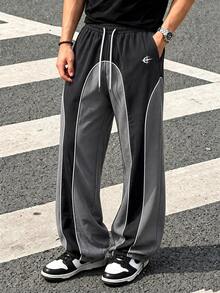 Zrgoth Men's Drawstring Waist Colorblock Casual Everyday Travel Long Pants - Grey - View 1