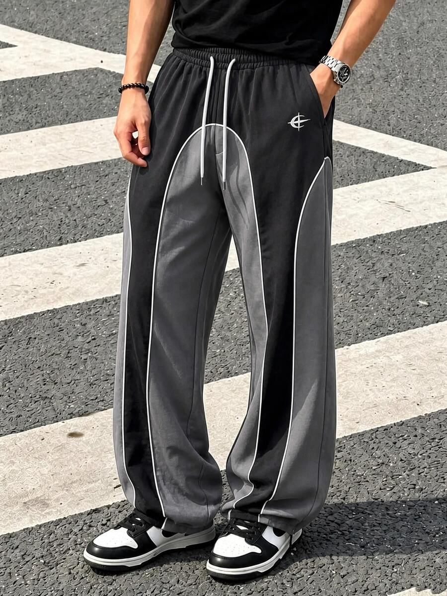 Zrgoth Men's Drawstring Waist Colorblock Casual Everyday Travel Long Pants - Grey - View 1