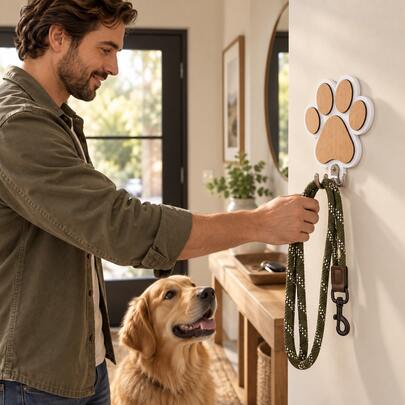 1Pc Dog Paw Wooden Leash Holder, Wall Mounted Pet Lead Hook, Decorative Hanging Hanger For Dog Collar & Pet Accessories