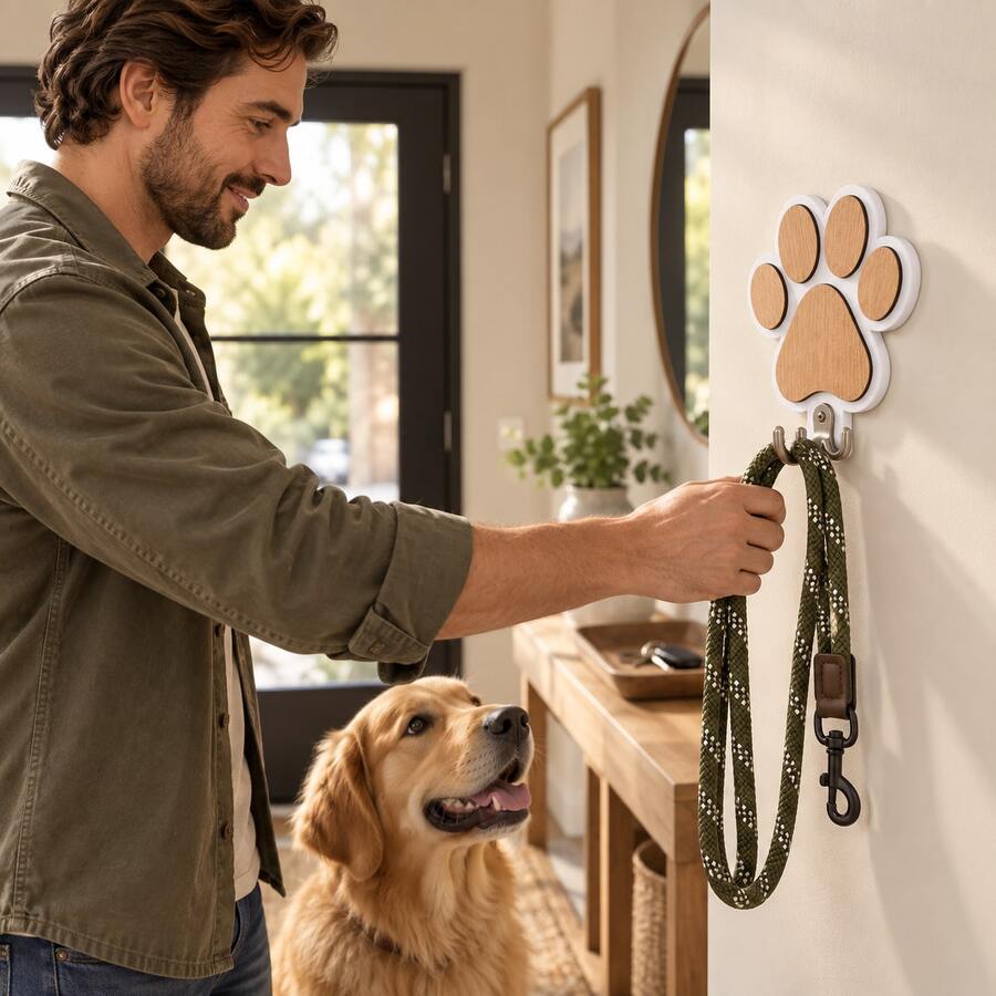 1Pc Dog Paw Wooden Leash Holder, Wall Mounted Pet Lead Hook, Decorative Hanging Hanger For Dog Collar, Leash, Keys, Hats, Coats, Entryway Mudroom Hallway Organizer, Rustic Farmhouse Wood Pet Supplies, Cute Gift For Dog Mom Dad, Home Decor - View 1