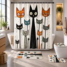 1-4pcs Funny Cat Pattern Bathroom Shower Curtain Set, Waterproof Polyester Fabric, Modern Minimalist Home Decor, Including Toilet Cover, U-Shaped Mat, Non-Slip Bath Mat, With 12 Hooks Back To School Bathroom Decor - Multicolor - View 1