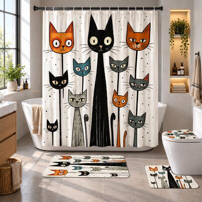 1-4 piezas Cortina de ducha con estampado de gato divertido, de tela de poliéster impermeable, decoración minimalista moderna para el hogar, que incluye tapa de inodoro, alfombra en forma de U, alfombra de baño antideslizante, con 12 ganchos Decoración de baño de vuelta al colegio
