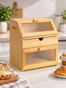 1pc Bamboo Bread Box, Double Layer Bread Storage Container With Clear Windows And Drawer, Countertop Bakery Organizer For Home Kitchen, Pantry, Apartment, Farmhouse Decor, Bread And Pastry Storage - Multicolor - View 1