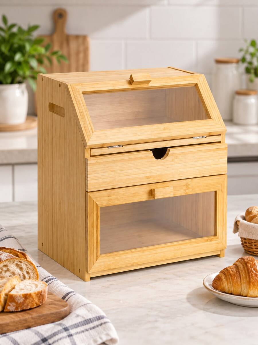1pc Bamboo Bread Box, Double Layer Bread Storage Container With Clear Windows And Drawer, Countertop Bakery Organizer For Home Kitchen, Pantry, Apartment, Farmhouse Decor, Bread And Pastry Storage - Multicolor - View 1