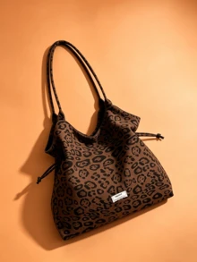 Women's Leopard Print Tote Bag, Large Capacity Drawstring Shoulder Bag, Casual Lightweight Handbag, Suitable For Daily Commute And Shopping - Multicolor - View 5