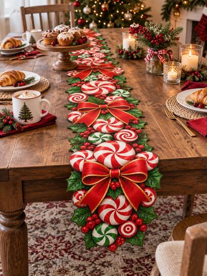 1 pieza Camino de mesa con forma navideña, estampado de caramelo de menta, lazo rojo y bayas de acebo, tela decorativa larga para mesa, arreglo festivo dulce para mesa de comedor, adecuado para cocina, reunión familiar, mesa de postres y fiesta de Navidad