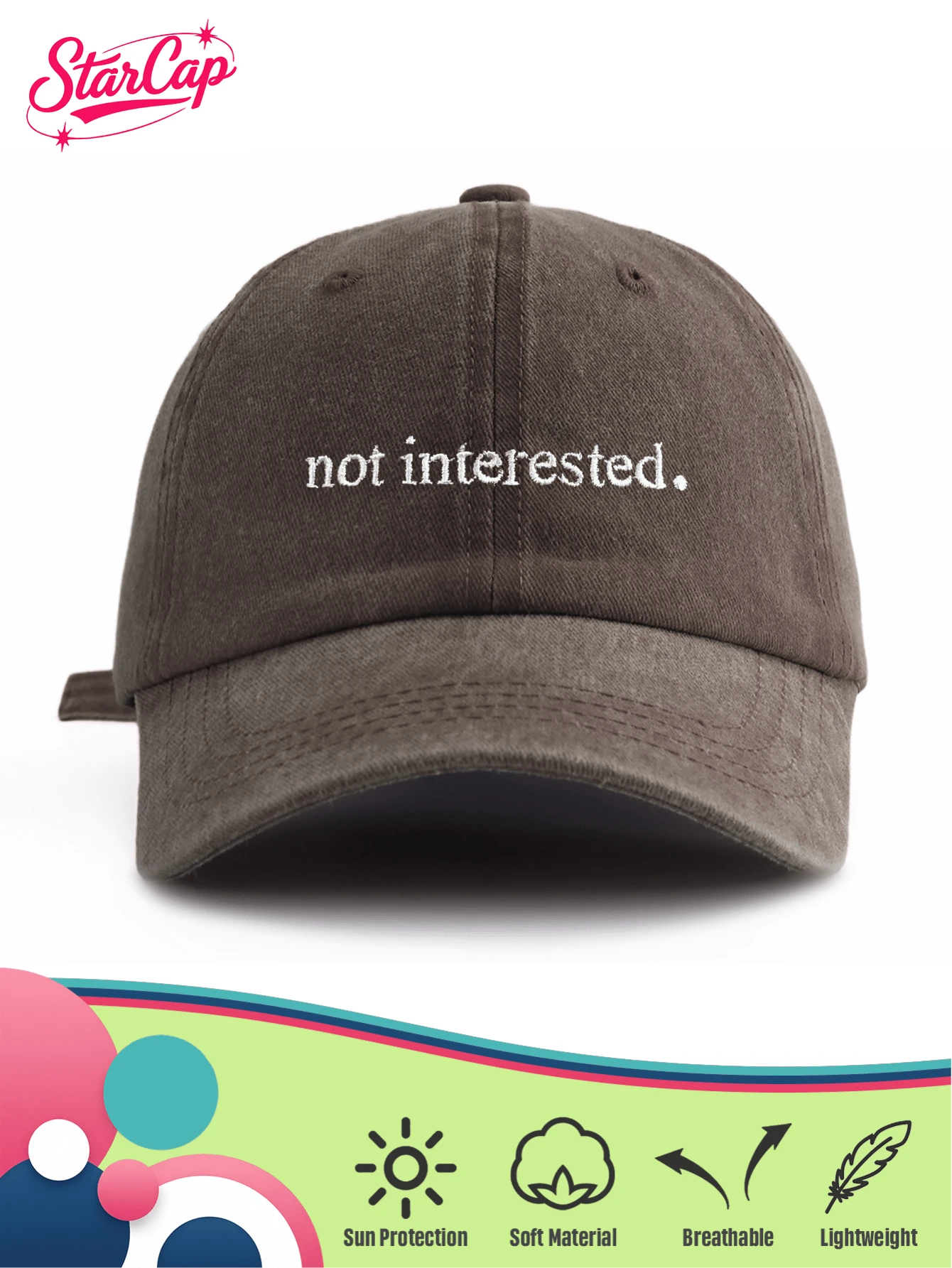 Not Interested. Embroidered Vintage Washed Baseball Cap , Retro Style Dad Hat Unisex, Y2K Streetwear Sun Hat, Summer Beach Travel - Not Interested. - View 1